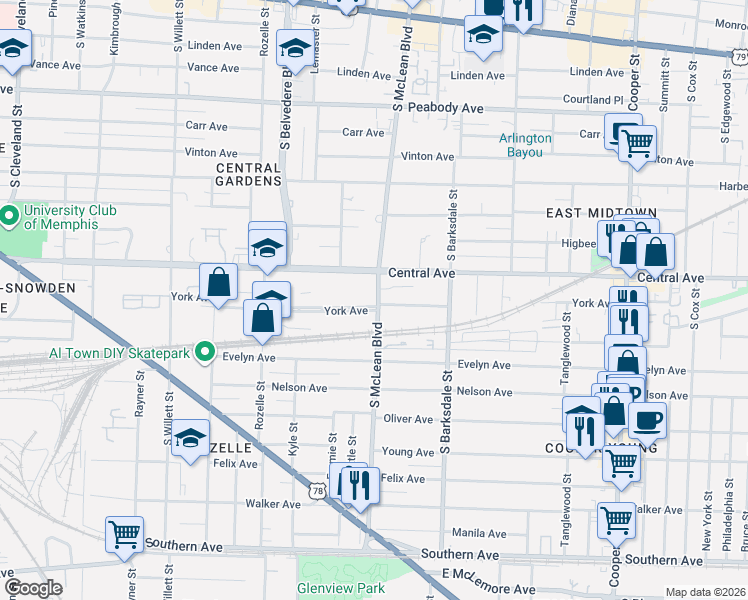 map of restaurants, bars, coffee shops, grocery stores, and more near 1810 York Avenue in Memphis