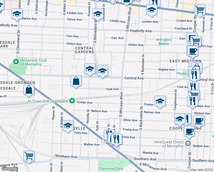 map of restaurants, bars, coffee shops, grocery stores, and more near 1756 York Avenue in Memphis
