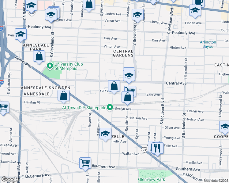 map of restaurants, bars, coffee shops, grocery stores, and more near 1640 York Avenue in Memphis