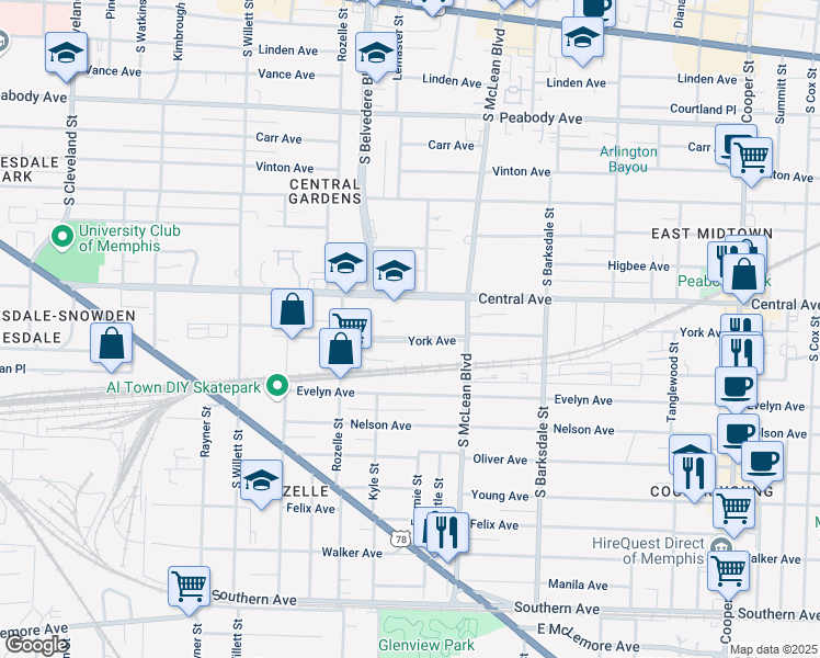 map of restaurants, bars, coffee shops, grocery stores, and more near 1756 York Avenue in Memphis