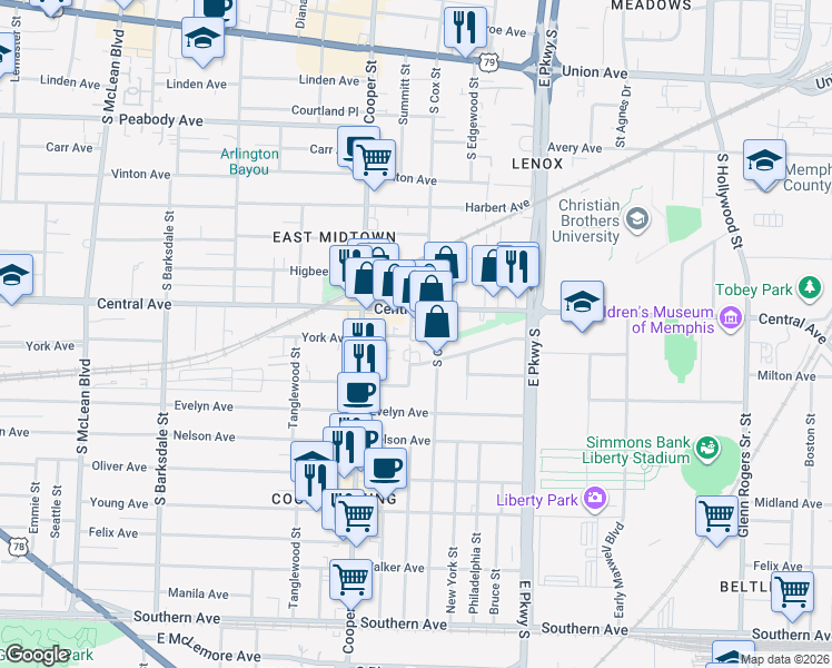 map of restaurants, bars, coffee shops, grocery stores, and more near 741 South Cox Street in Memphis