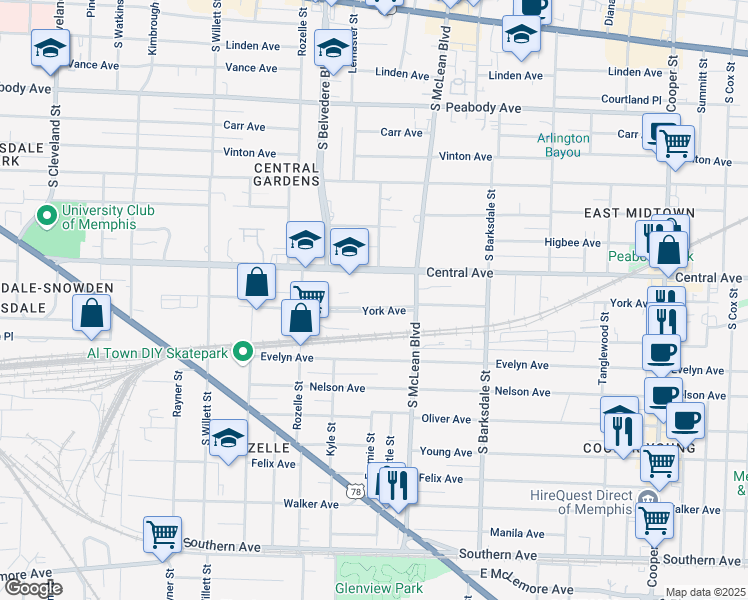 map of restaurants, bars, coffee shops, grocery stores, and more near 1756 York Avenue in Memphis