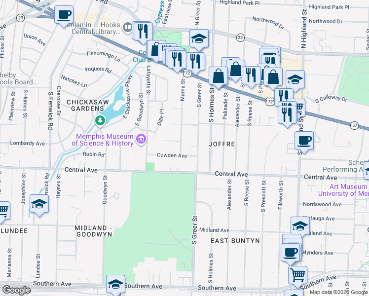 map of restaurants, bars, coffee shops, grocery stores, and more near 3208 Cloar Cove in Memphis