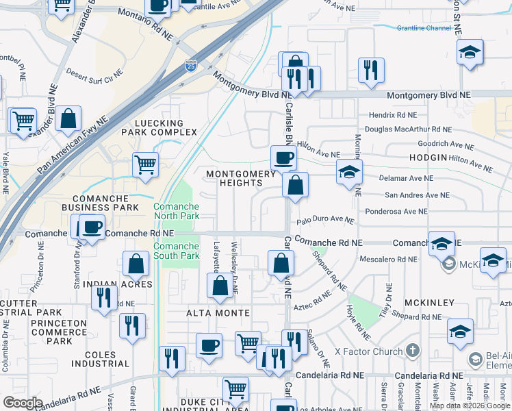 map of restaurants, bars, coffee shops, grocery stores, and more near 3900 Tulane Drive Northeast in Albuquerque