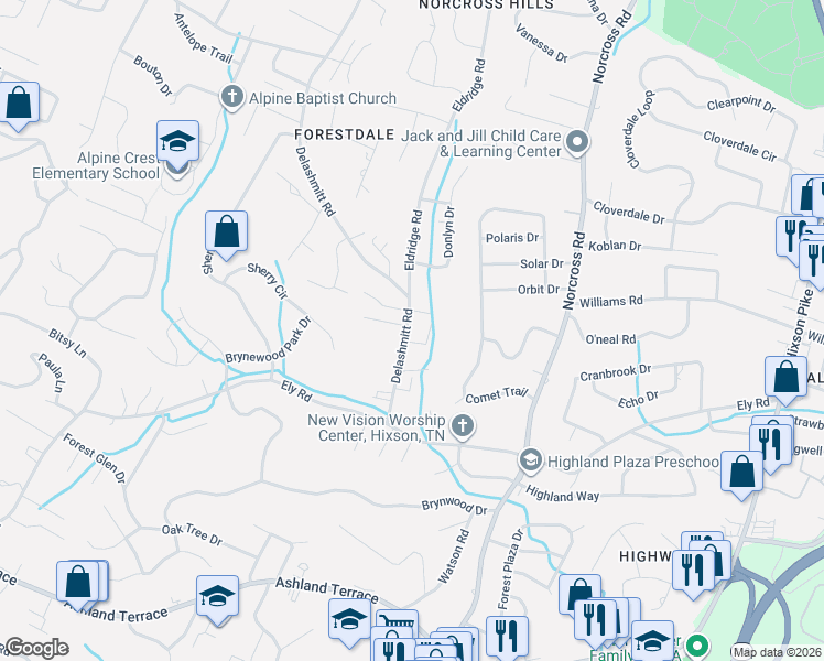 map of restaurants, bars, coffee shops, grocery stores, and more near 415 Bardwood Lane in Chattanooga