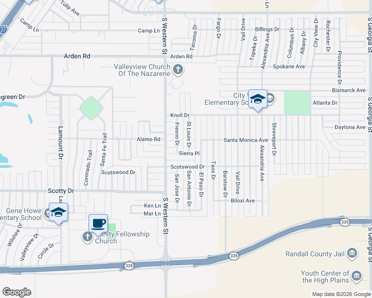 map of restaurants, bars, coffee shops, grocery stores, and more near 8103 Saint Louis Drive in Amarillo