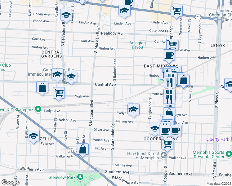 map of restaurants, bars, coffee shops, grocery stores, and more near 756 South Barksdale Street in Memphis