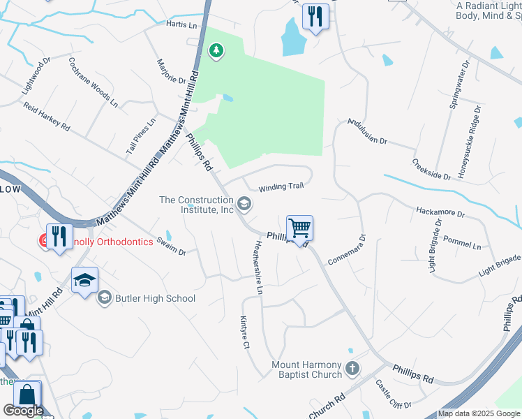 map of restaurants, bars, coffee shops, grocery stores, and more near 2825 Katie Court in Matthews