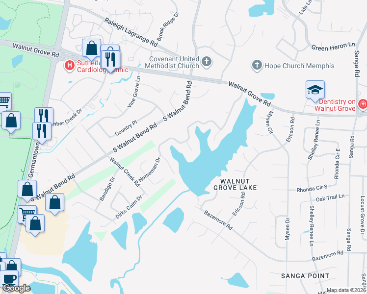 map of restaurants, bars, coffee shops, grocery stores, and more near 124 West Viking Drive in Memphis