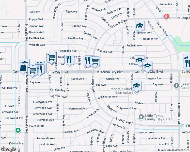 map of restaurants, bars, coffee shops, grocery stores, and more near 8603 South Loop Boulevard in California City