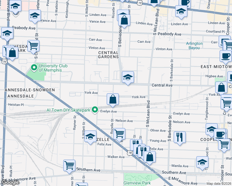 map of restaurants, bars, coffee shops, grocery stores, and more near 1682 York Avenue in Memphis