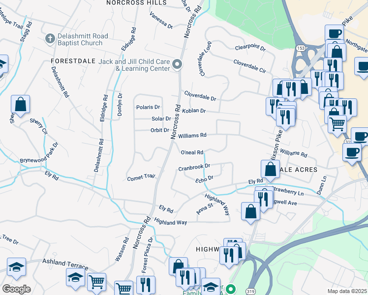 map of restaurants, bars, coffee shops, grocery stores, and more near 1409 O'neal Road in Chattanooga