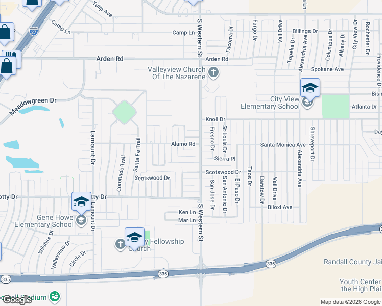 map of restaurants, bars, coffee shops, grocery stores, and more near 4204 Jamie Trail in Amarillo