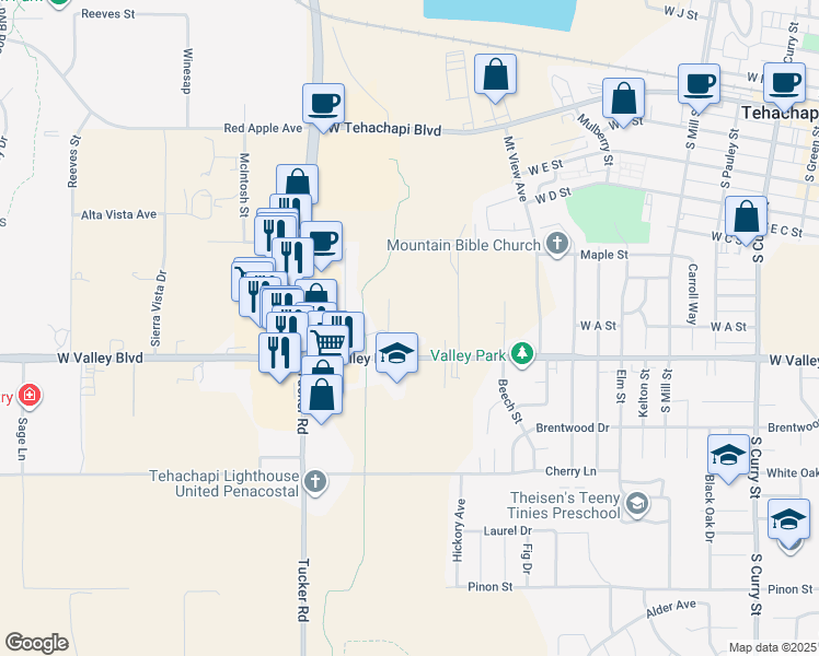 map of restaurants, bars, coffee shops, grocery stores, and more near 917 Route 202 in Tehachapi