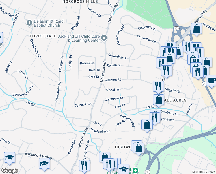 map of restaurants, bars, coffee shops, grocery stores, and more near 1409 O'neal Road in Chattanooga