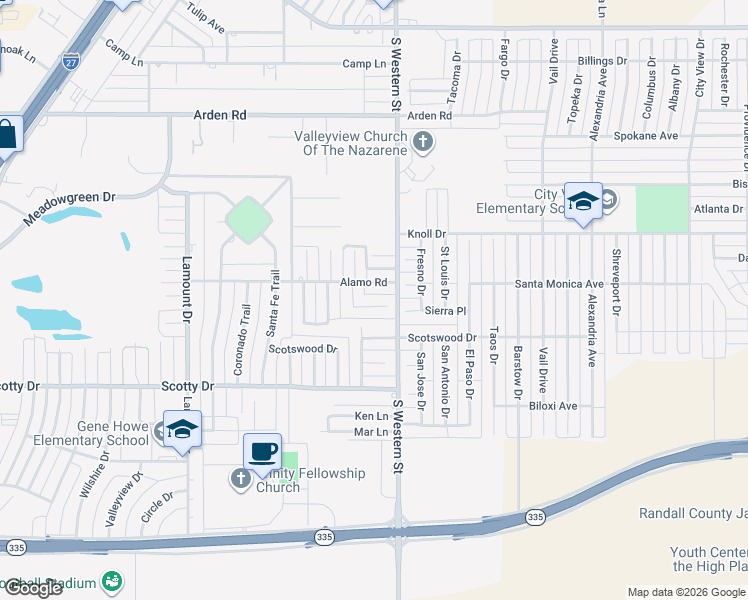 map of restaurants, bars, coffee shops, grocery stores, and more near 4204 Jamie Trail in Amarillo