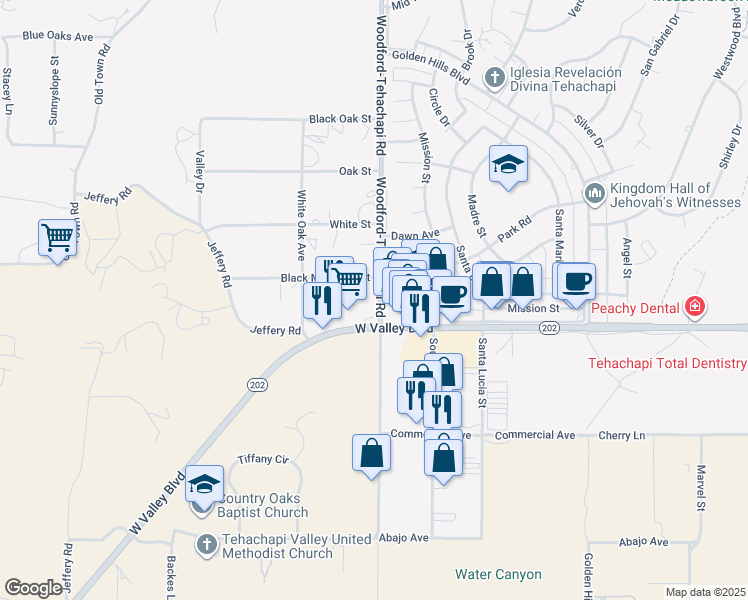 map of restaurants, bars, coffee shops, grocery stores, and more near 21069 Woodford-Tehachapi Road in Tehachapi