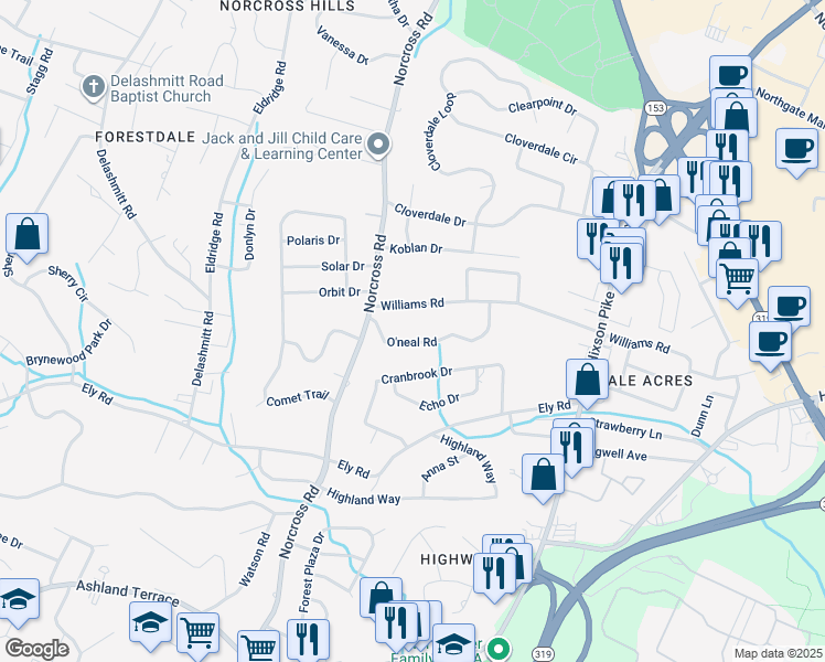 map of restaurants, bars, coffee shops, grocery stores, and more near 1415 O'neal Road in Chattanooga