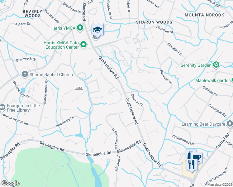 map of restaurants, bars, coffee shops, grocery stores, and more near 6528 Quail Hollow Road in Charlotte