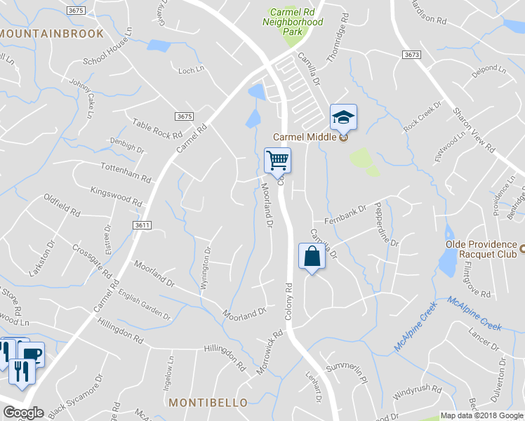 map of restaurants, bars, coffee shops, grocery stores, and more near 4155 Moorland Drive in Charlotte