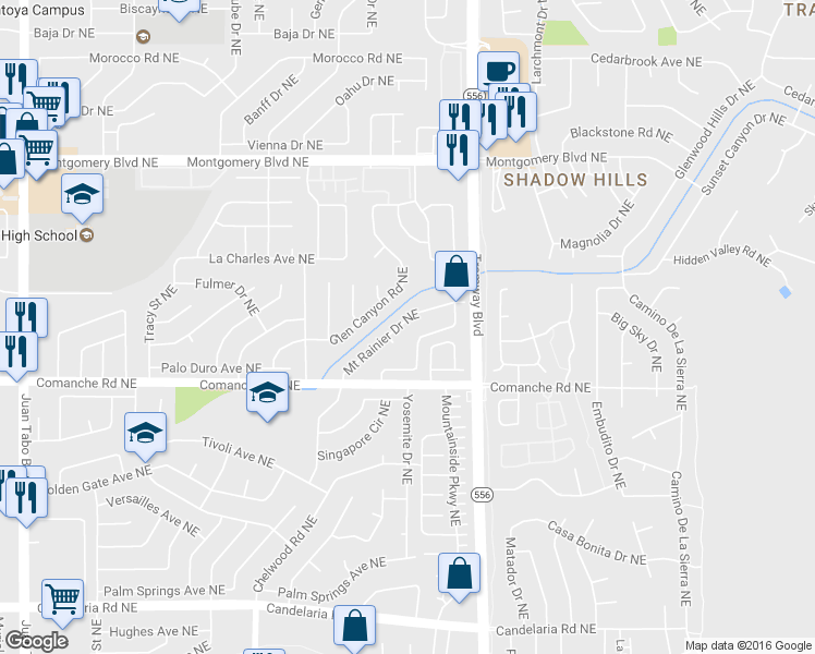 map of restaurants, bars, coffee shops, grocery stores, and more near 3804 Mount Rainier Drive Northeast in Albuquerque