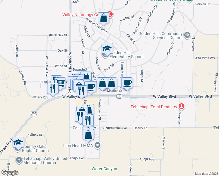 map of restaurants, bars, coffee shops, grocery stores, and more near 21051 Santa Barbara Drive in Golden Hills