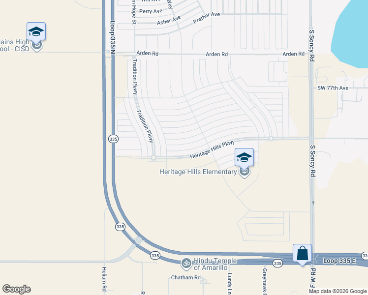 map of restaurants, bars, coffee shops, grocery stores, and more near Heritage Hills Parkway in Amarillo