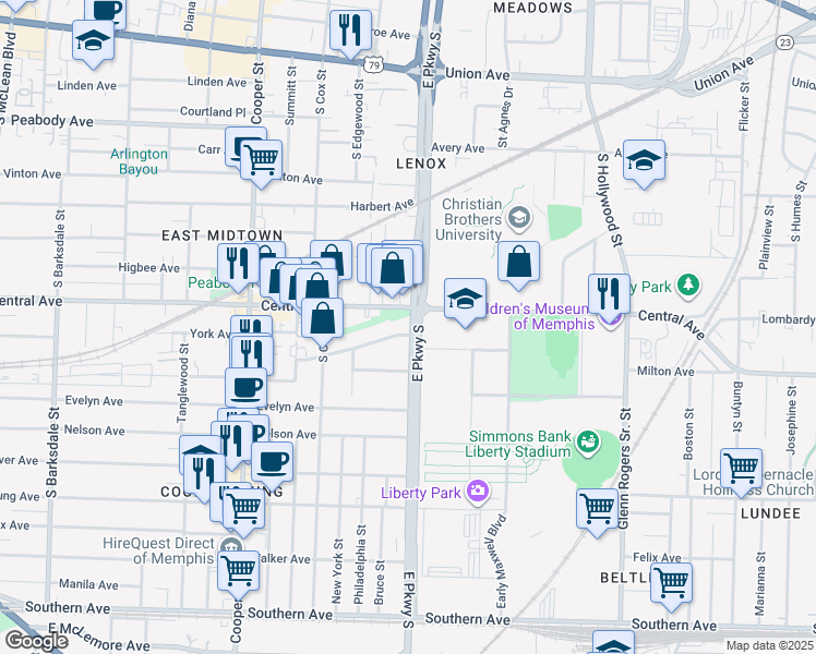 map of restaurants, bars, coffee shops, grocery stores, and more near 733 East Parkway South in Memphis
