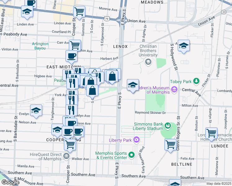 map of restaurants, bars, coffee shops, grocery stores, and more near 733 East Parkway South in Memphis