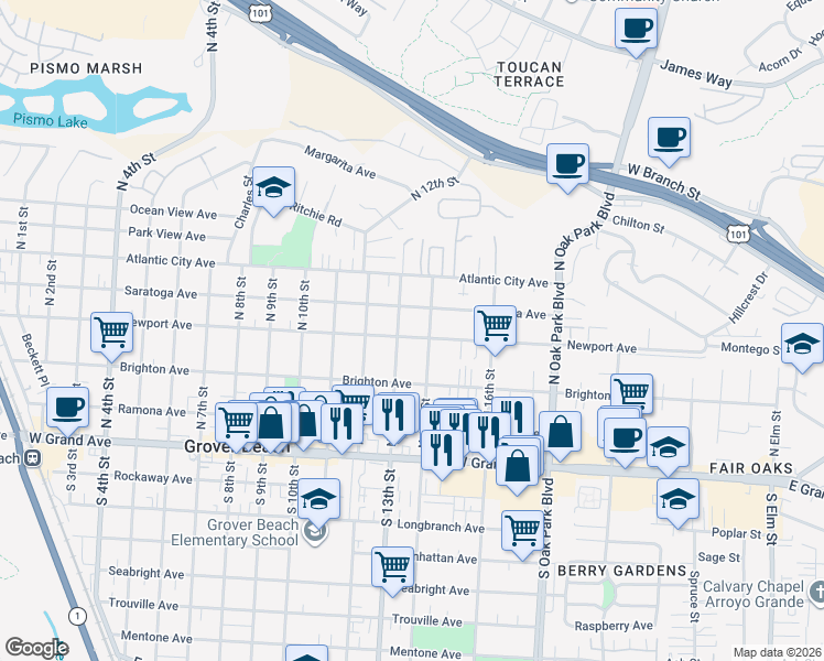 map of restaurants, bars, coffee shops, grocery stores, and more near 1315 Newport Avenue in Grover Beach