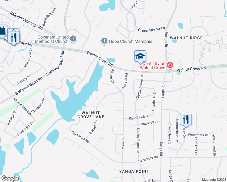 map of restaurants, bars, coffee shops, grocery stores, and more near 163 Ericson Road in Memphis