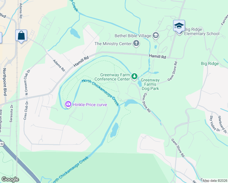 map of restaurants, bars, coffee shops, grocery stores, and more near North Chickamauga Creek Greenway in Chattanooga