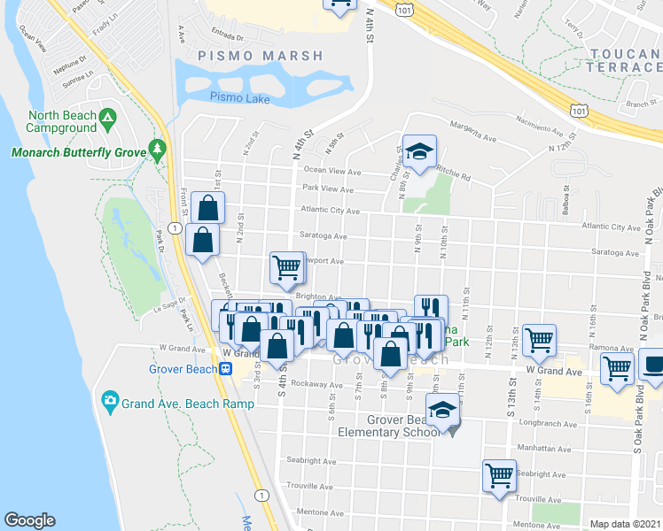 map of restaurants, bars, coffee shops, grocery stores, and more near 580 Newport Avenue in Grover Beach