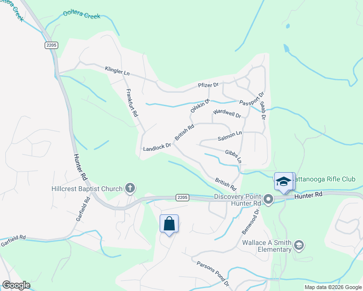map of restaurants, bars, coffee shops, grocery stores, and more near 7290 British Road in Ooltewah