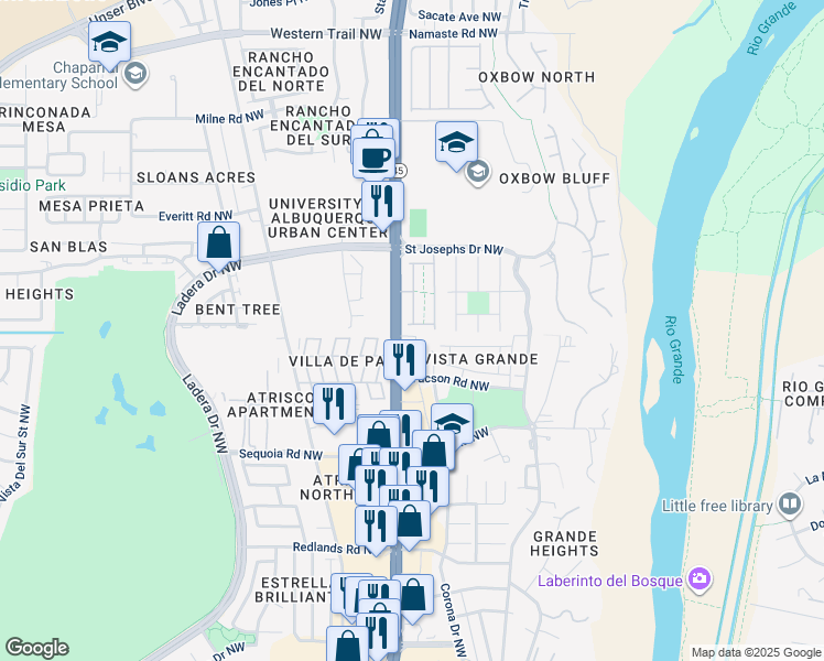 map of restaurants, bars, coffee shops, grocery stores, and more near 5428 Blue Jay Lane Northwest in Albuquerque
