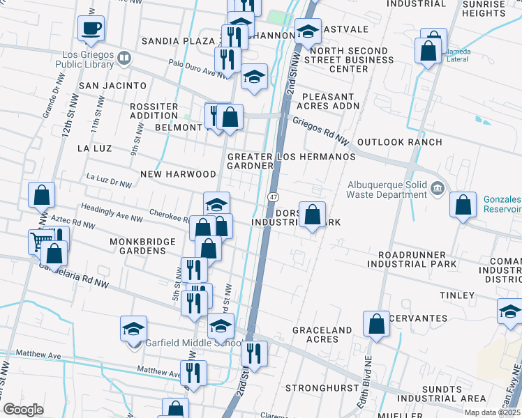 map of restaurants, bars, coffee shops, grocery stores, and more near 202 San Lorenzo Avenue Northwest in Albuquerque