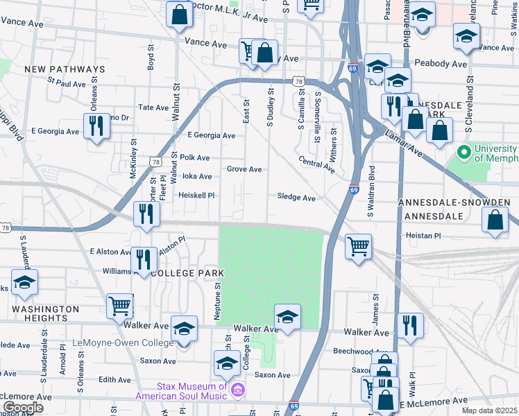 map of restaurants, bars, coffee shops, grocery stores, and more near 787 South Dudley Street in Memphis