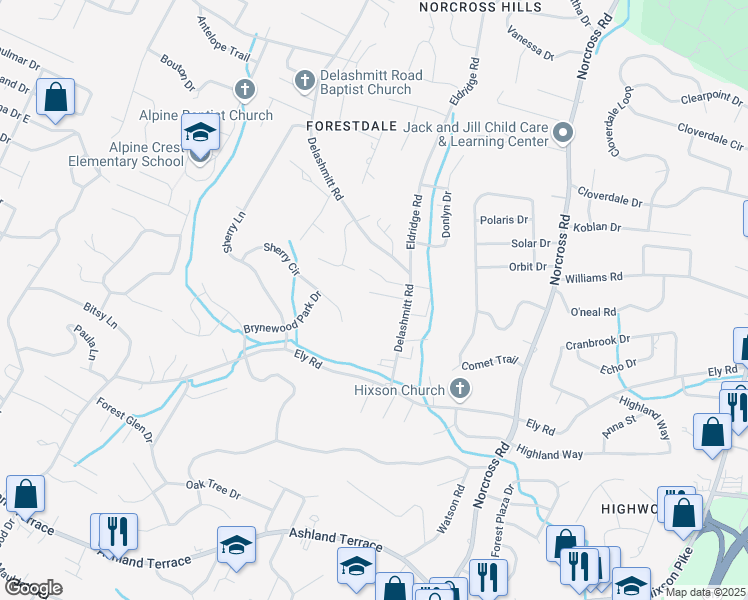 map of restaurants, bars, coffee shops, grocery stores, and more near 406 Bardwood Lane in Chattanooga