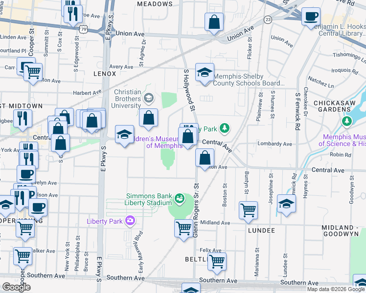 map of restaurants, bars, coffee shops, grocery stores, and more near 2559 Central Avenue in Memphis