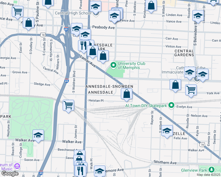 map of restaurants, bars, coffee shops, grocery stores, and more near 1325 Lamar Avenue in Memphis