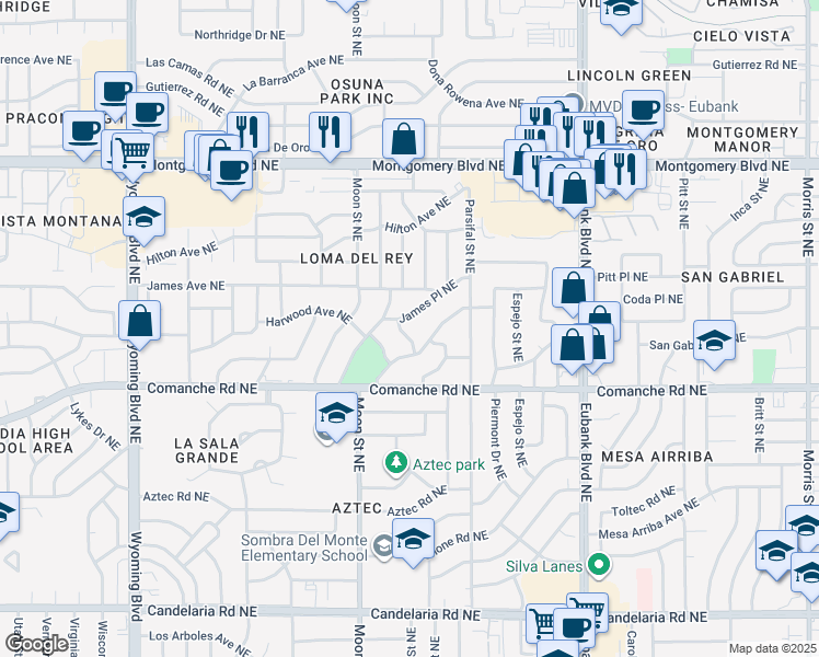 map of restaurants, bars, coffee shops, grocery stores, and more near 3708 Cheraz Road Northeast in Albuquerque