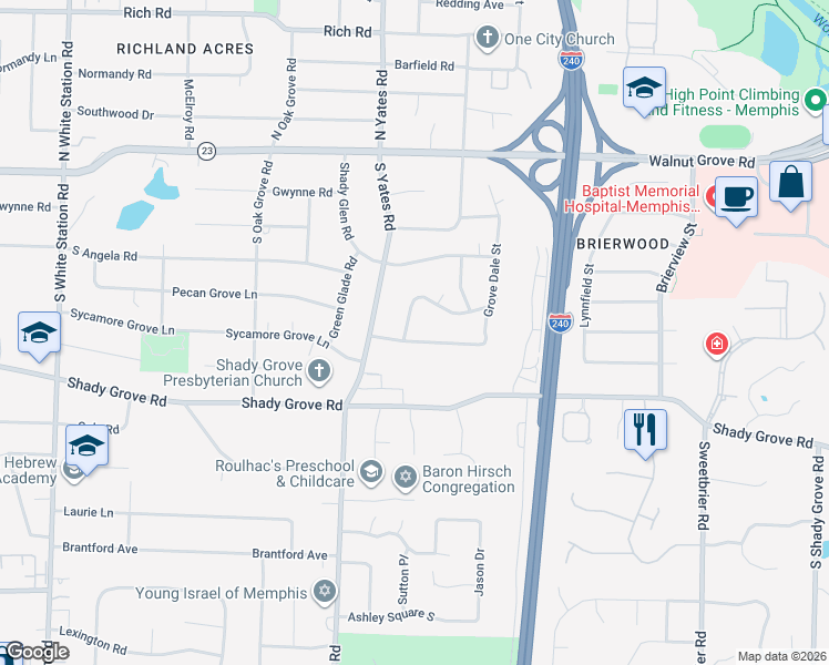 map of restaurants, bars, coffee shops, grocery stores, and more near 5639 Glade View Drive in Memphis