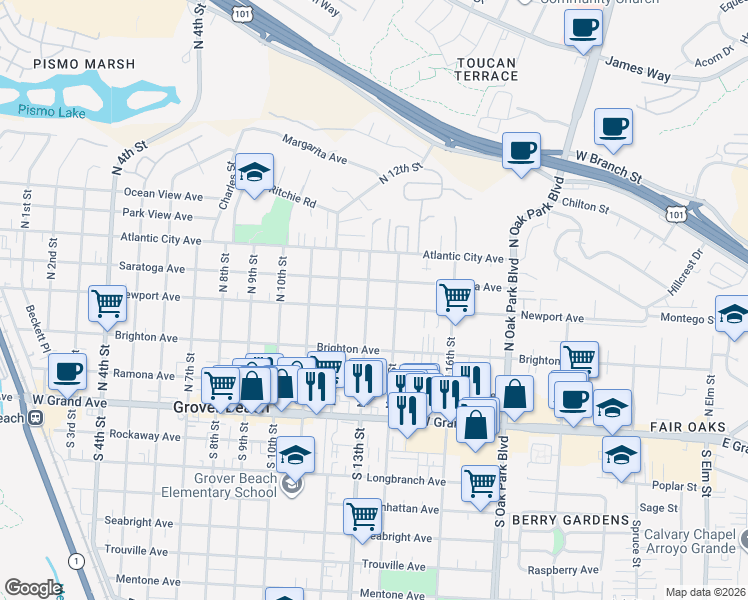 map of restaurants, bars, coffee shops, grocery stores, and more near 1315 Newport Avenue in Grover Beach