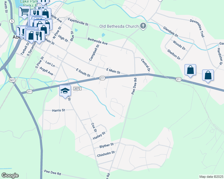 map of restaurants, bars, coffee shops, grocery stores, and more near East Oak Street in Aberdeen
