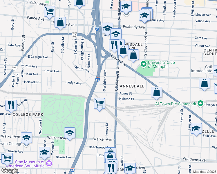 map of restaurants, bars, coffee shops, grocery stores, and more near 1183 Sledge Avenue in Memphis