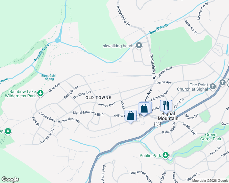 map of restaurants, bars, coffee shops, grocery stores, and more near 615 Texas Avenue in Signal Mountain