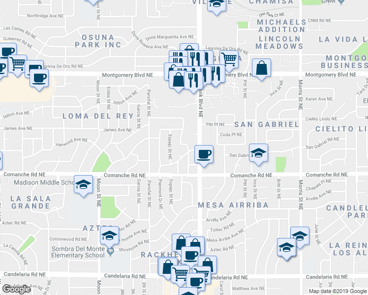 map of restaurants, bars, coffee shops, grocery stores, and more near 9608 Westerfeld Drive Northeast in Albuquerque