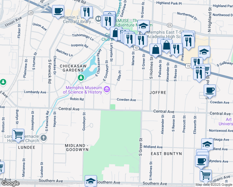 map of restaurants, bars, coffee shops, grocery stores, and more near 226 Dille Place in Memphis