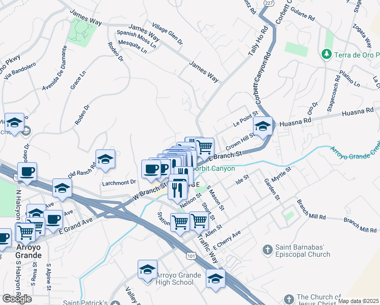 map of restaurants, bars, coffee shops, grocery stores, and more near 128 North Mason Street in Arroyo Grande
