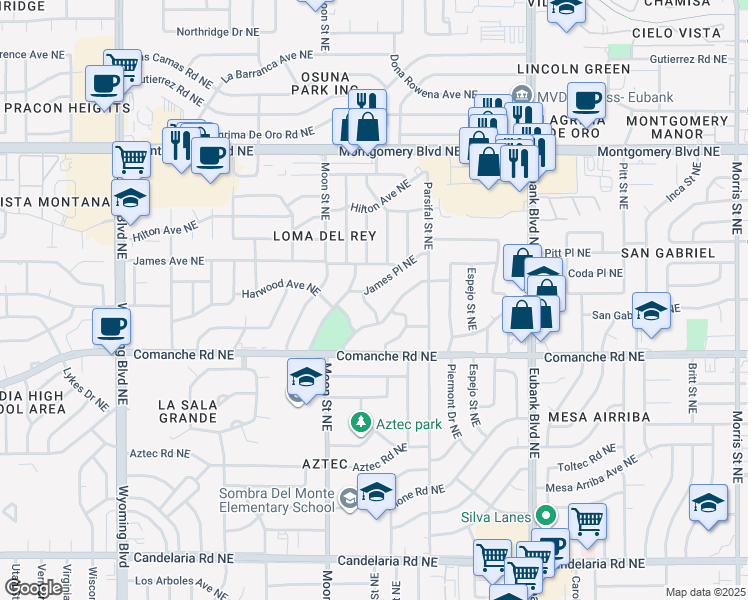 map of restaurants, bars, coffee shops, grocery stores, and more near 3708 Cheraz Road Northeast in Albuquerque